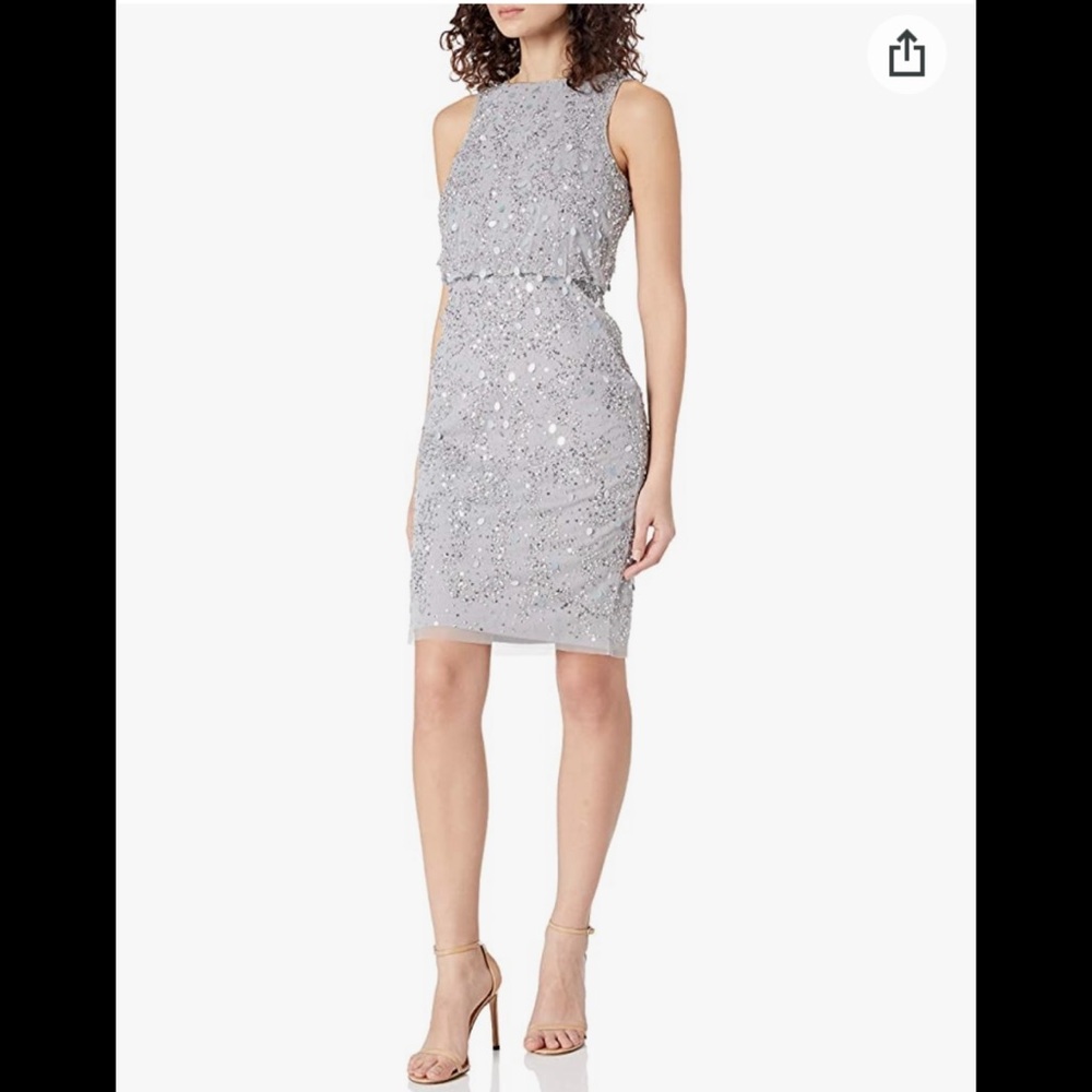 ADRIANNA PAPELL silver beaded cocktail sleeveless gown